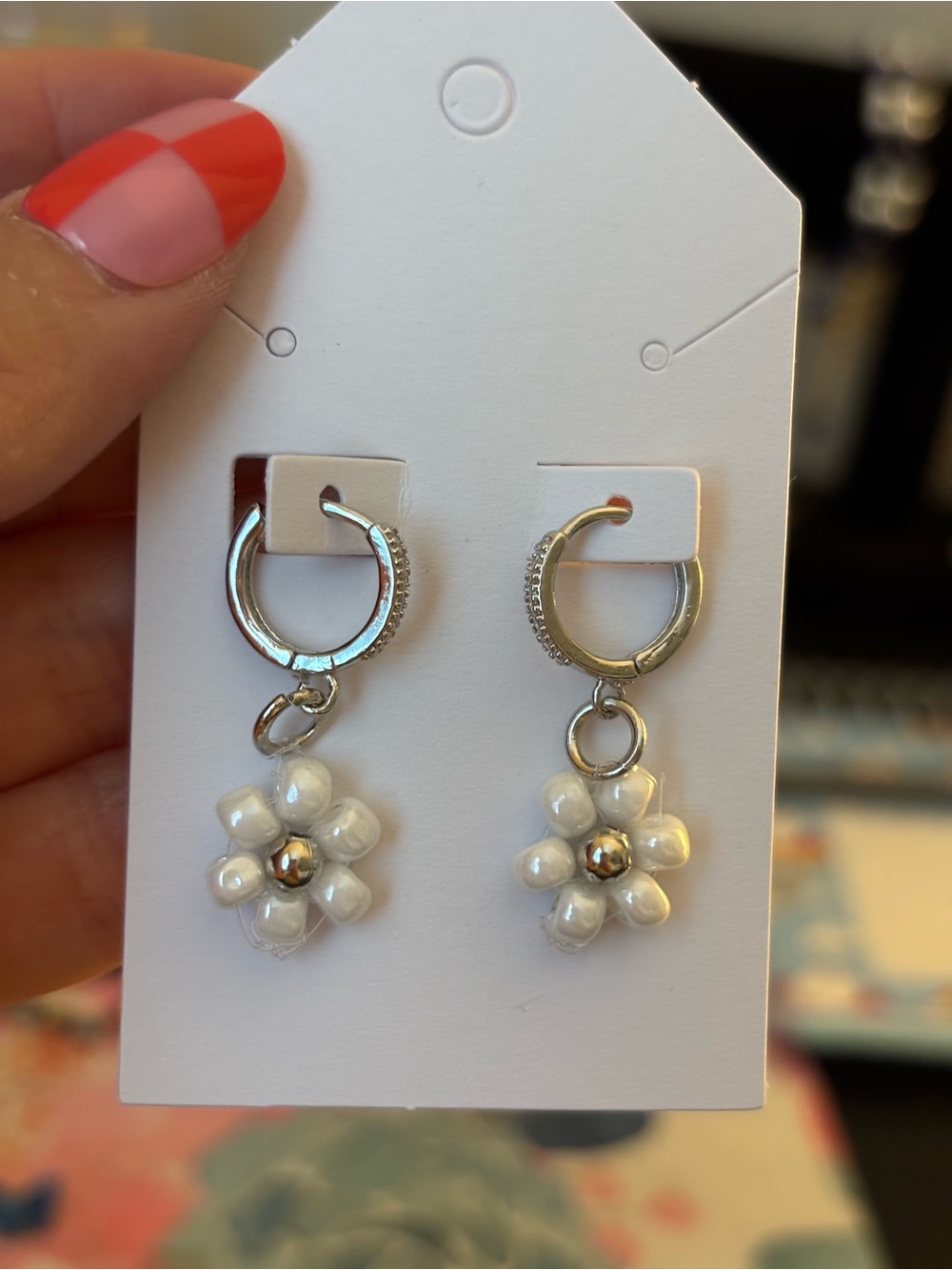 Silver Huggie Earrings with White Pearl Flower Drops
